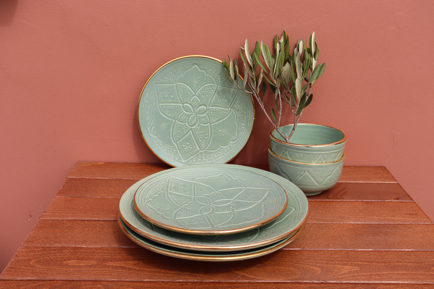 Dinner Essentials Set – Gold – Mintgrüner Druck