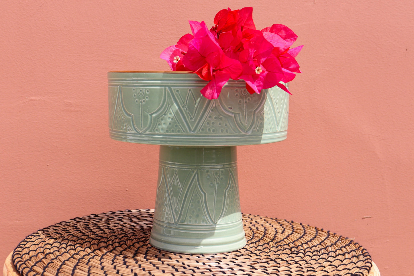 Pedestal Bowl - L - Gold - Mint Green Print